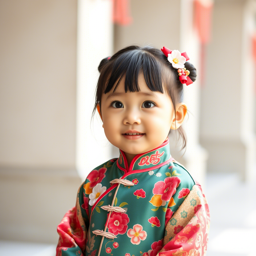 Little girl wearing colorful Chinese clothing with flowers
