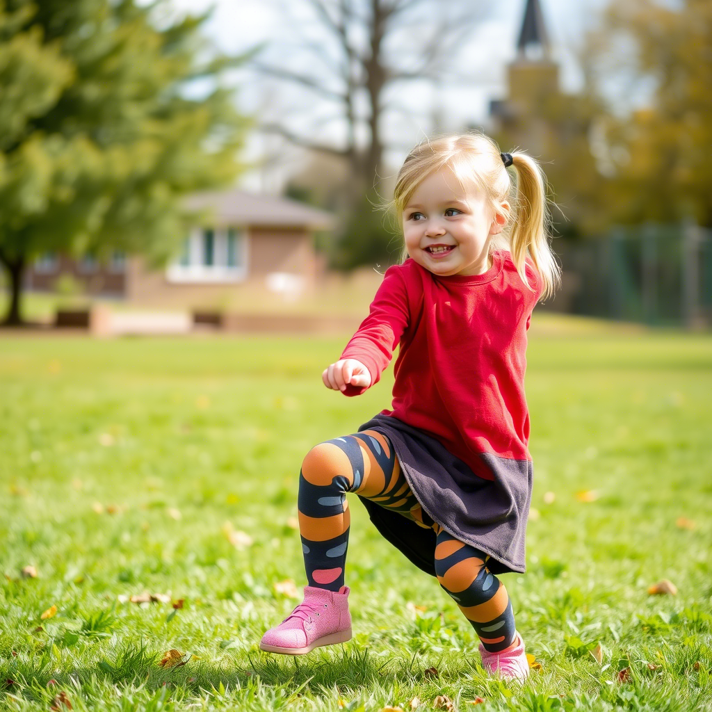 Little girl wearing colorful leggings and playing outside