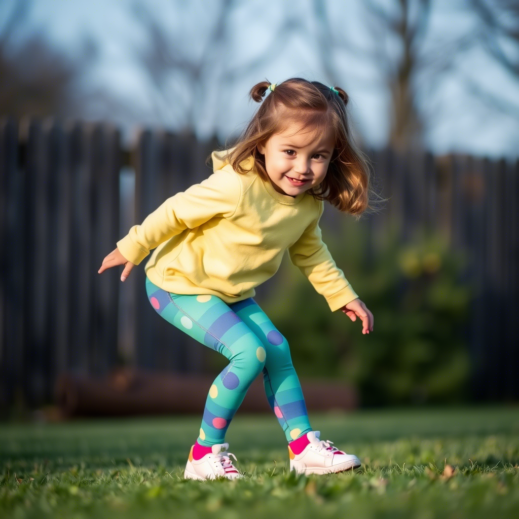 Little girl wearing colorful leggings and playing outside