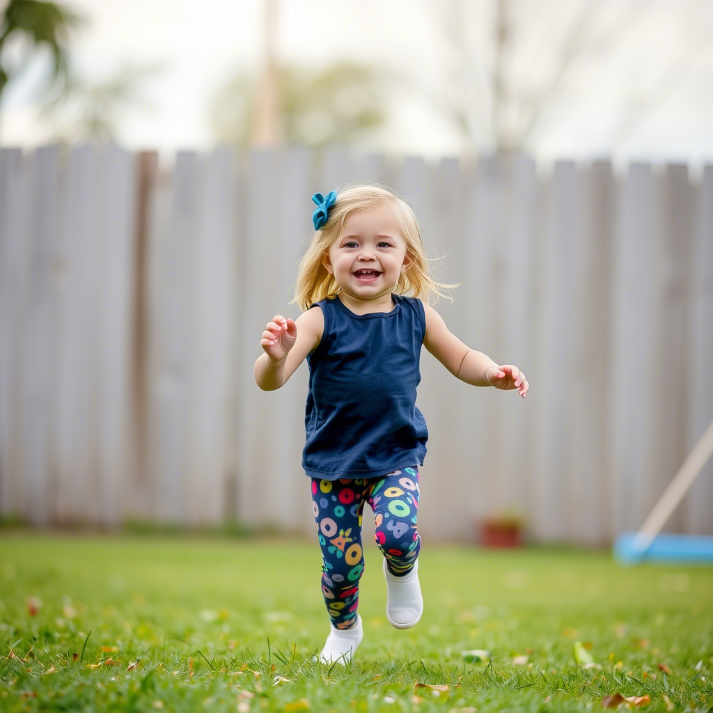 Little girl wearing colorful leggings, playing outside happily