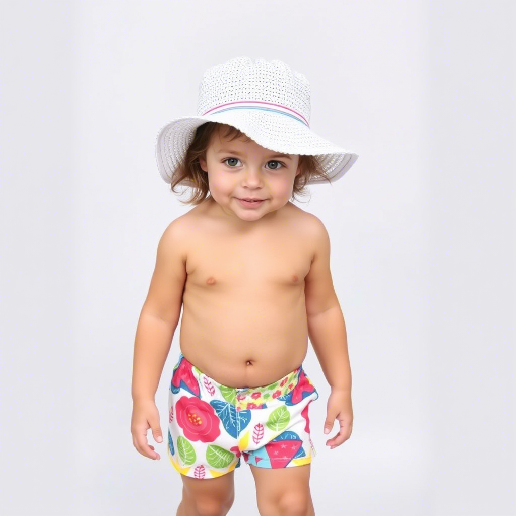 Little girl wearing colorful shorts and a matching hat