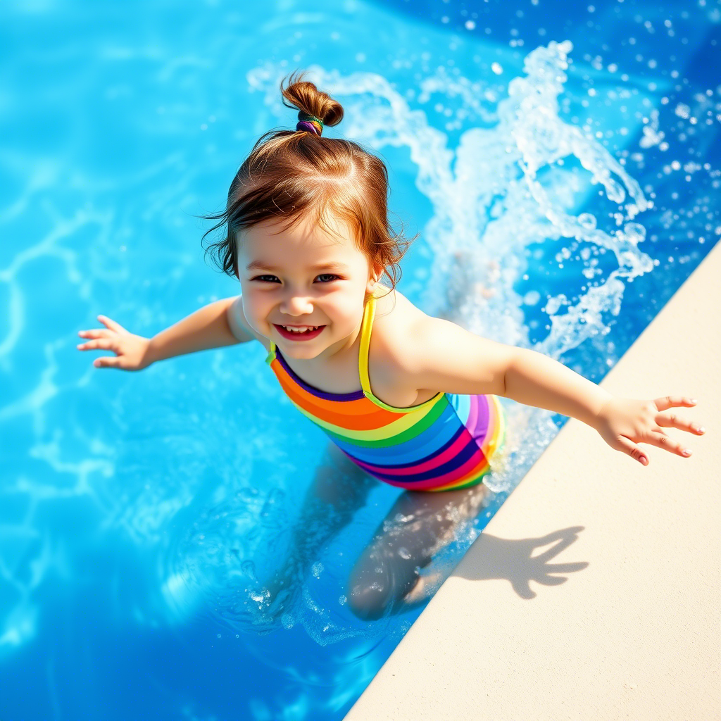 Little girl wearing colorful striped swimsuit splashing in pool