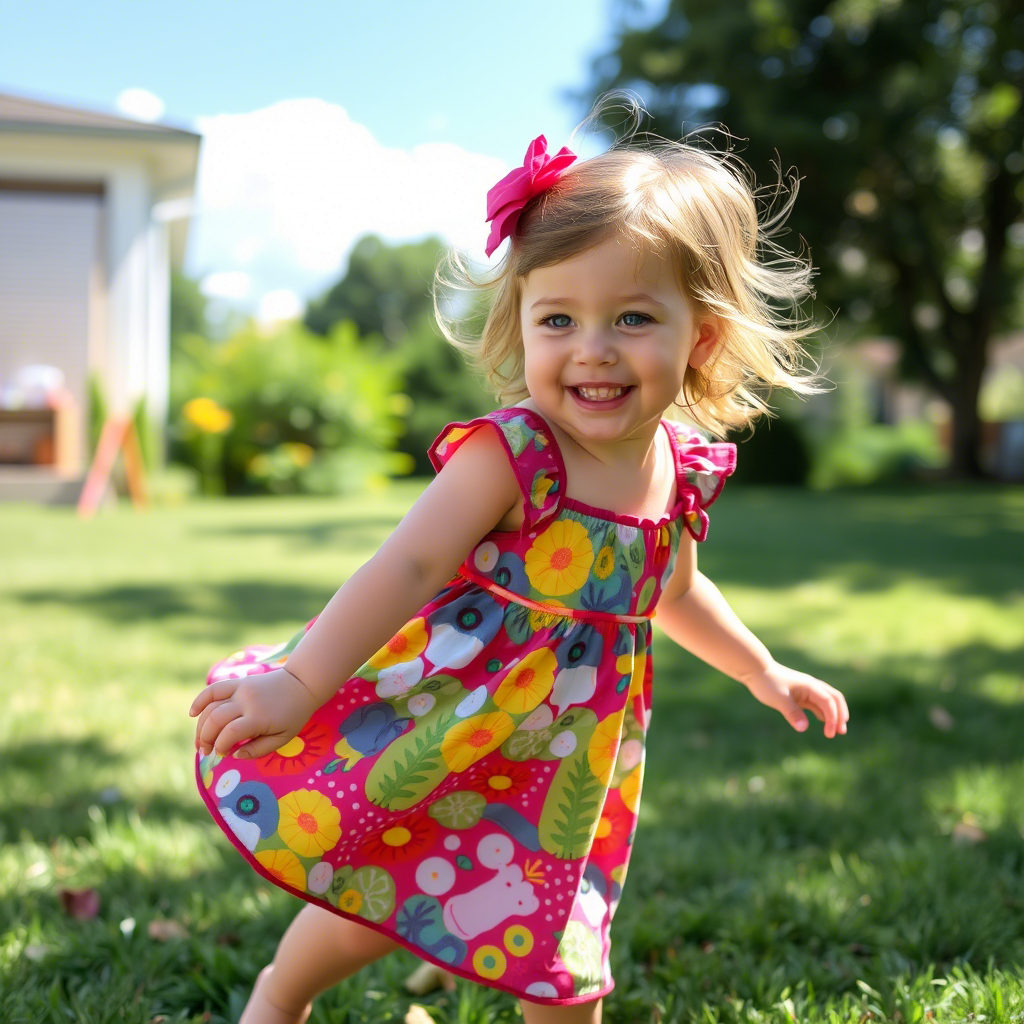 Little girl wearing colorful summer dress playing outside