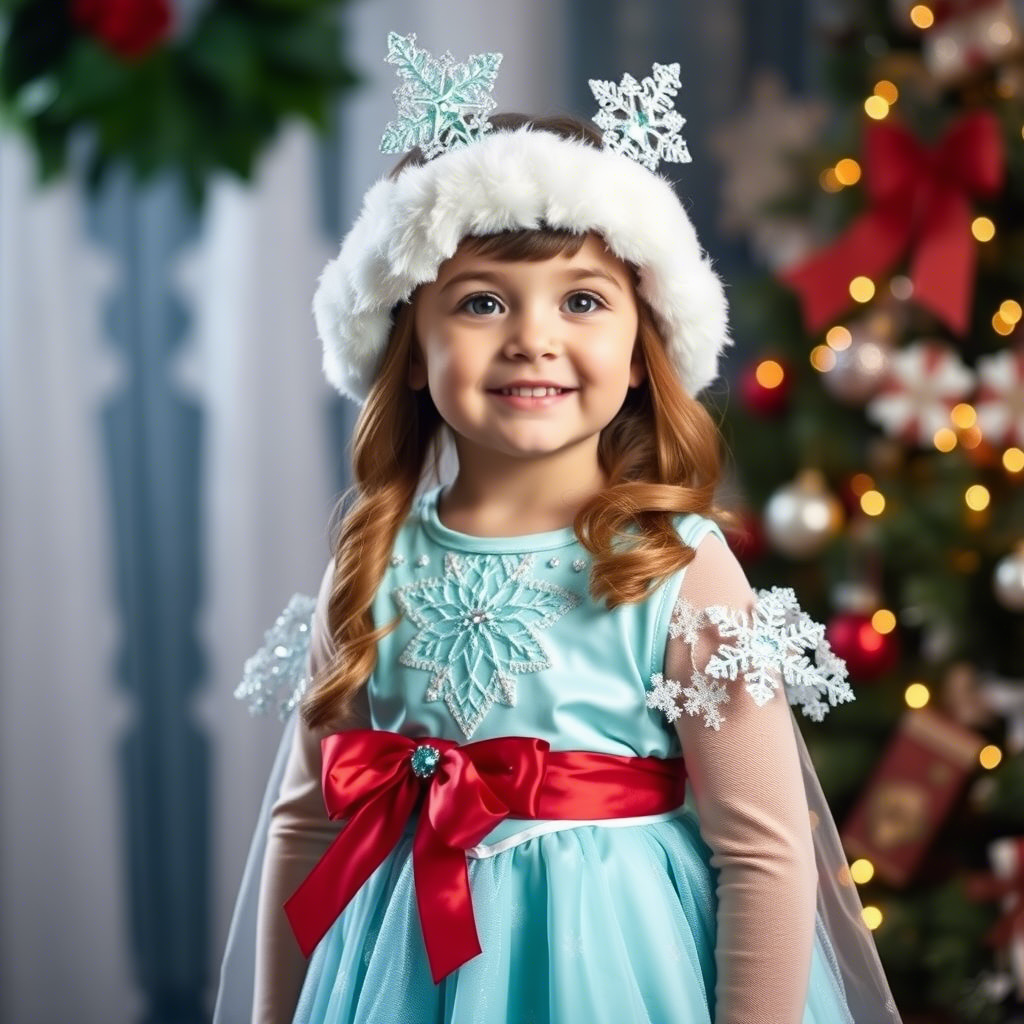 Little girl wearing Elsa’s ice queen Christmas outfit