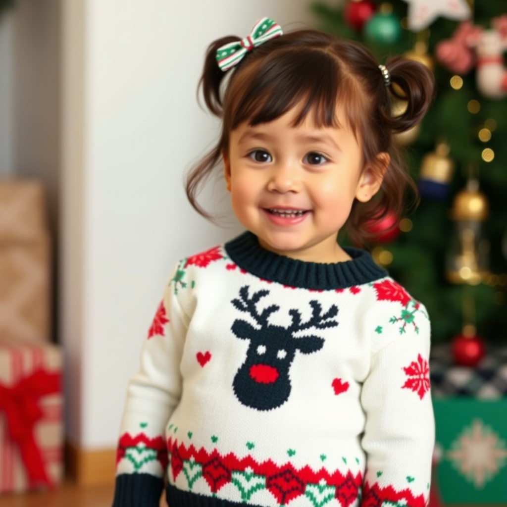 Little girl wearing festive holiday sweater with reindeer design