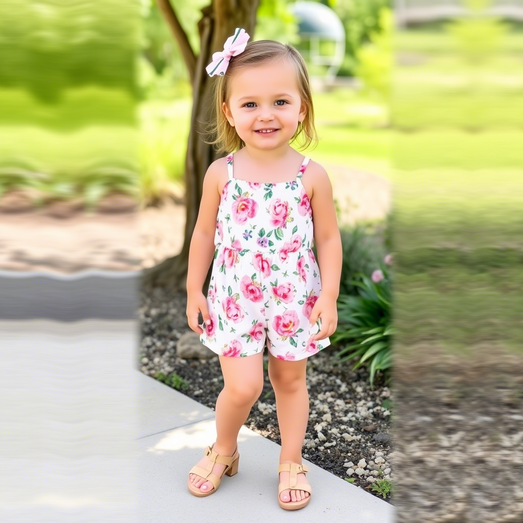 Little girl wearing floral romper and sandals