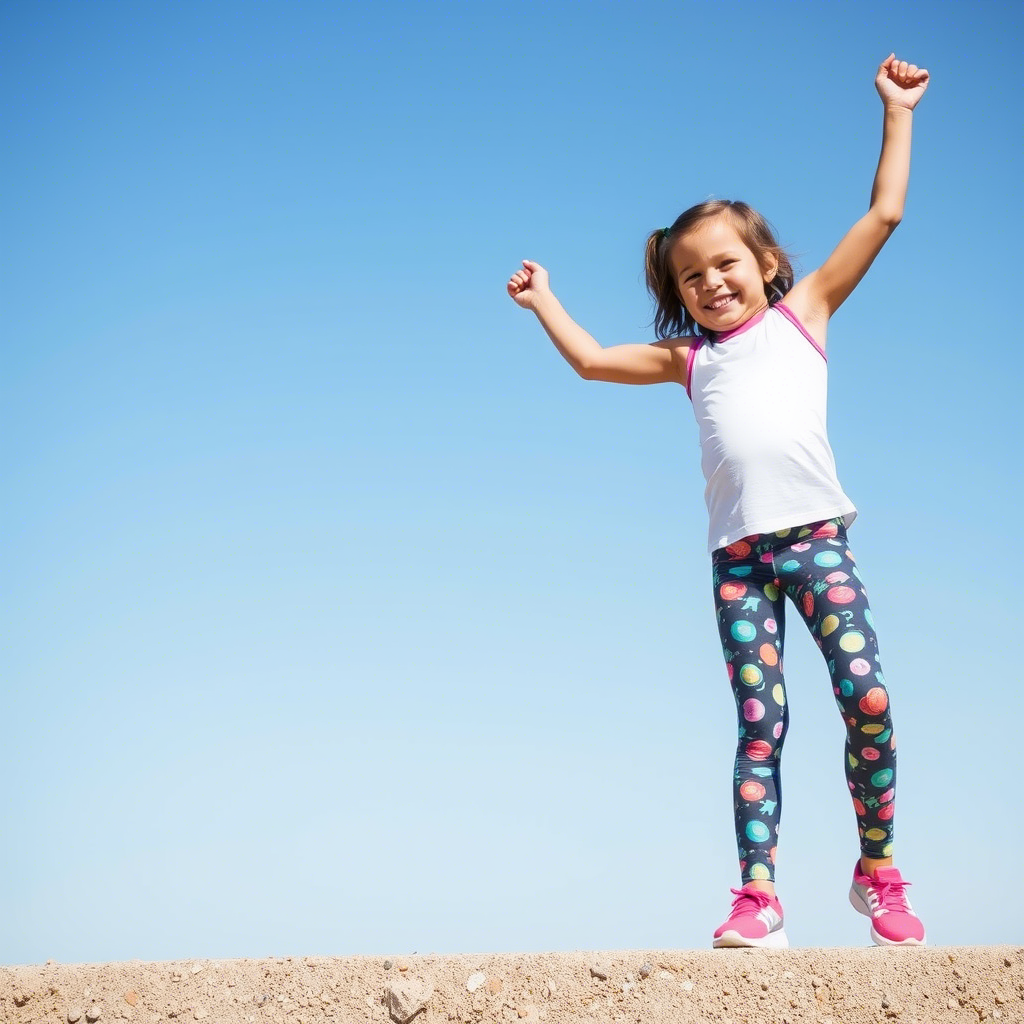 Little girl wearing fun patterned leggings and a sports top