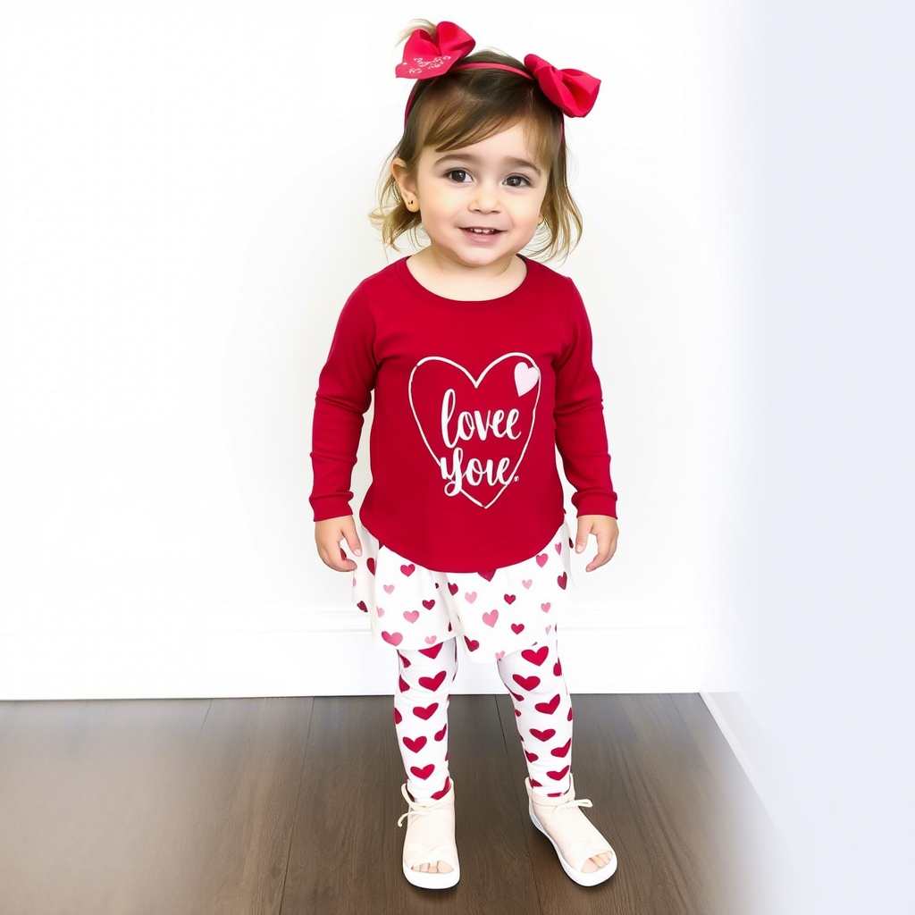 Little girl wearing heart-patterned leggings and Valentine’s Day top