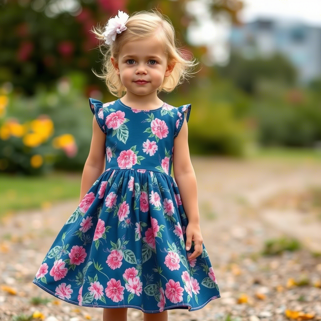 Little girl wearing high-quality USA-made dress with floral pattern