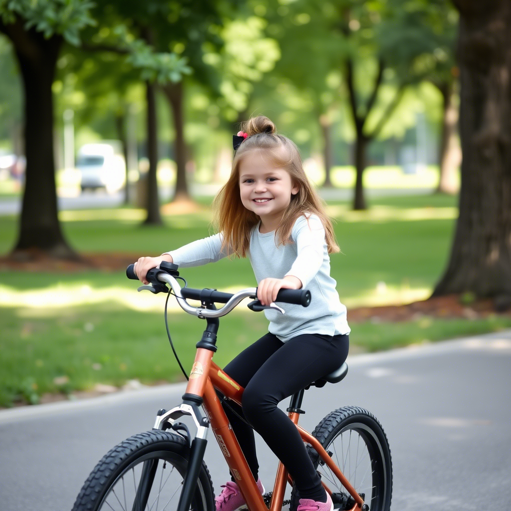 Little girl wearing jeggings, riding a bicycle in a park