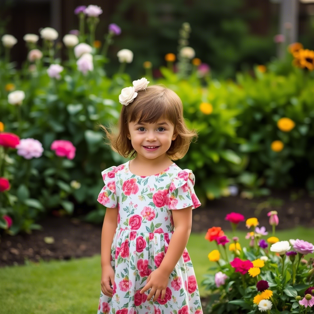 Little girl wearing Lezonkids floral dress in garden