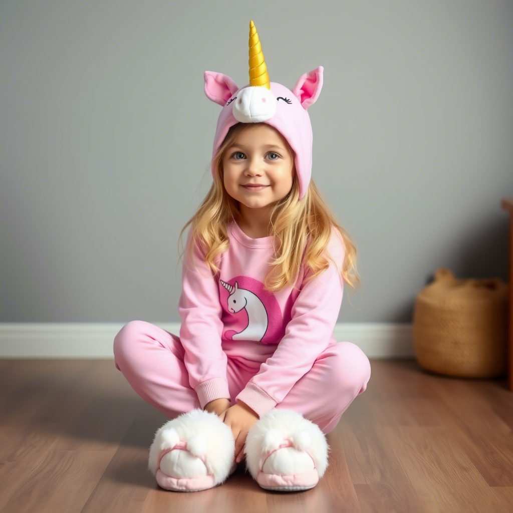 Little girl wearing pink unicorn sleepwear with fluffy slippers