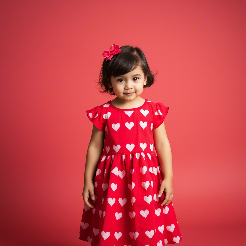 Little girl wearing red valentine dress with cute heart pattern