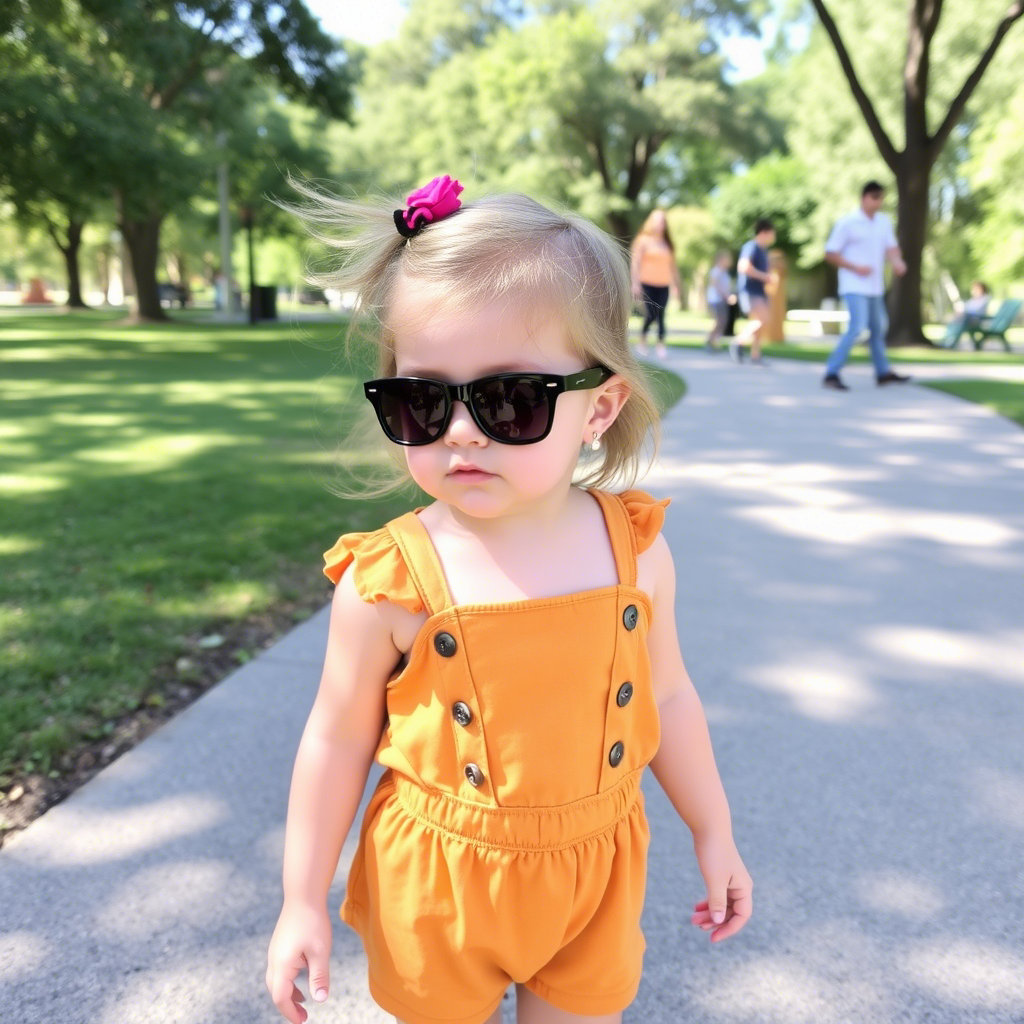 Little girl wearing romper and sunglasses at park