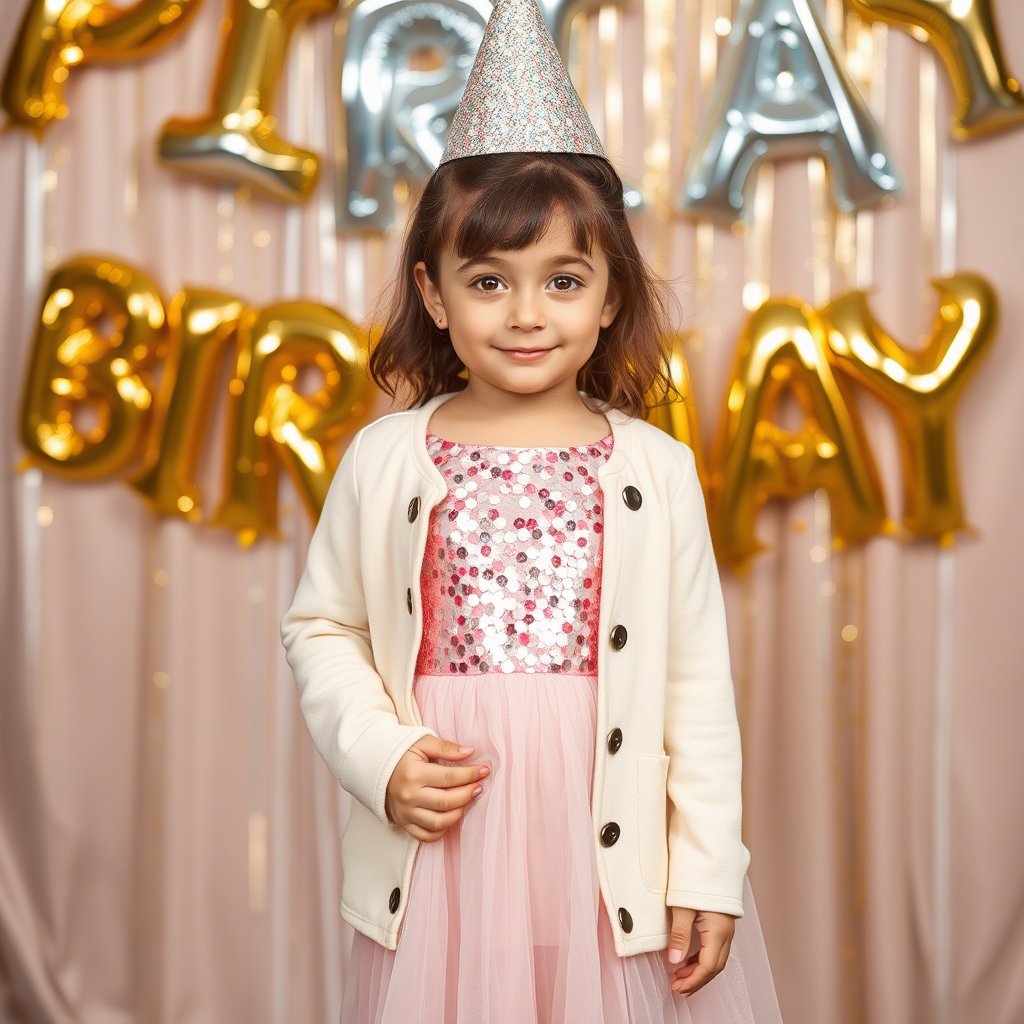 Little girl wearing sequin dress and jacket, posing for a birthday party photo