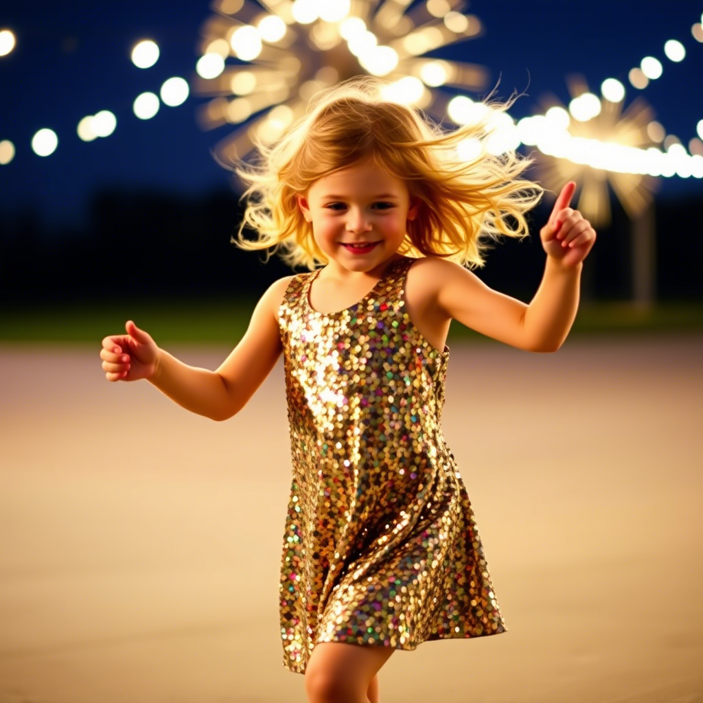 Little girl wearing shiny sequin dress dancing under starry night