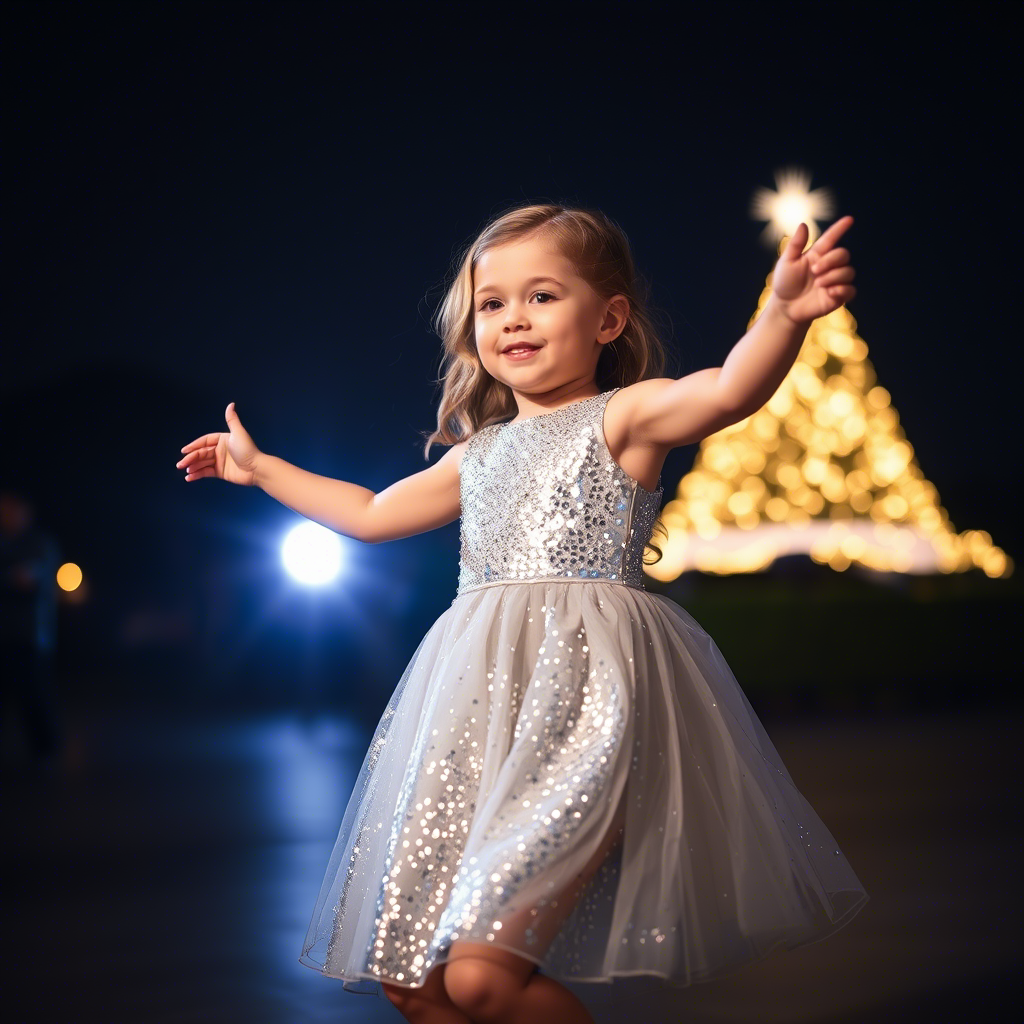 Little girl wearing shiny silver sequined dress dancing under starry night