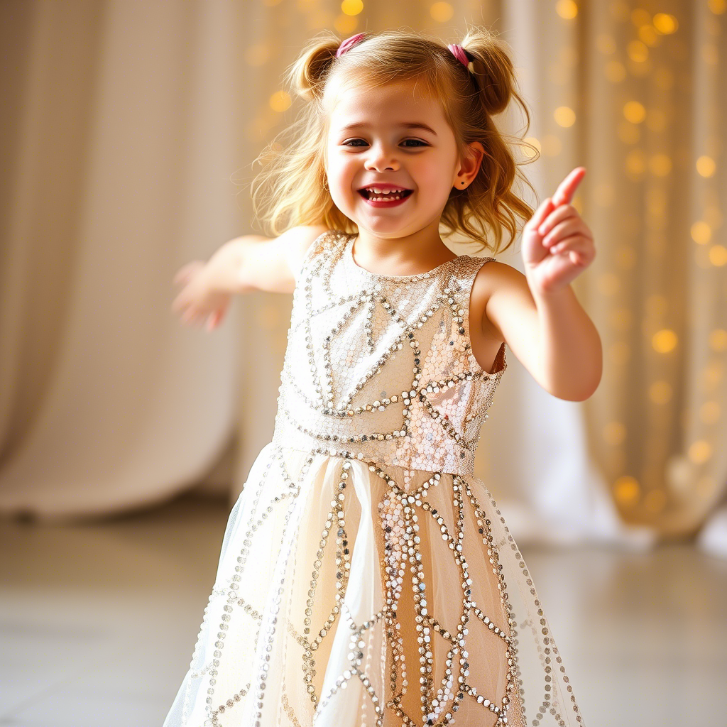 Little girl wearing sparkly sequin dress dancing happily