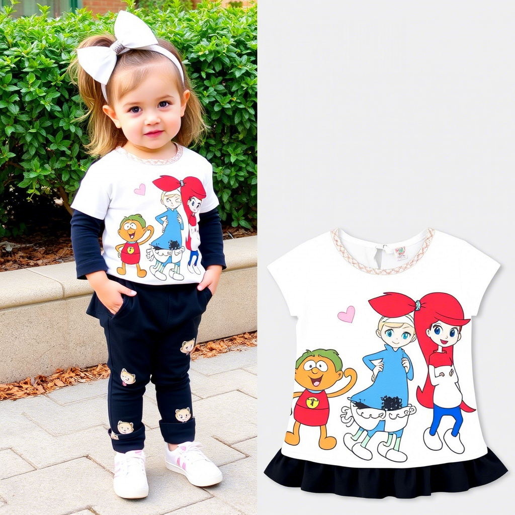Little girl wearing stylish toddler outfit with cartoon characters