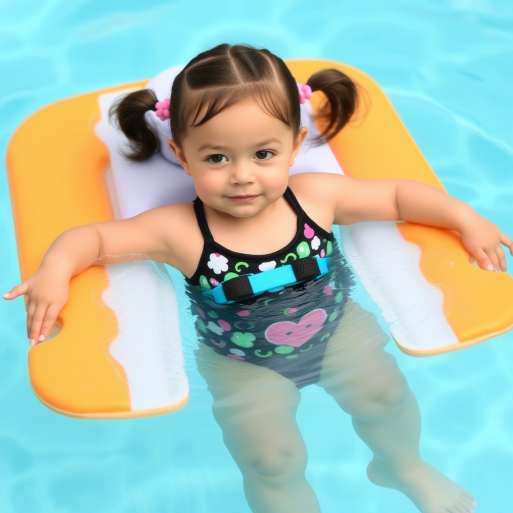 Little girl wearing swimsuit with flotation device in pool