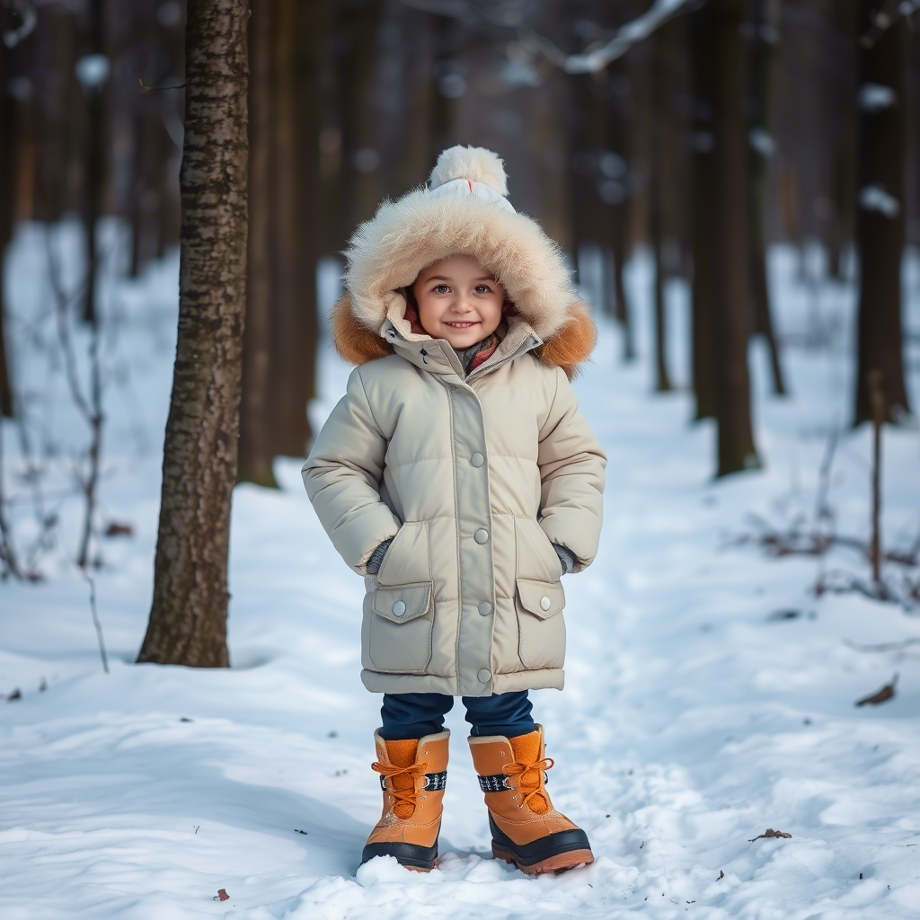 Little girl wearing warm winter coat and snow boots in snowy forest