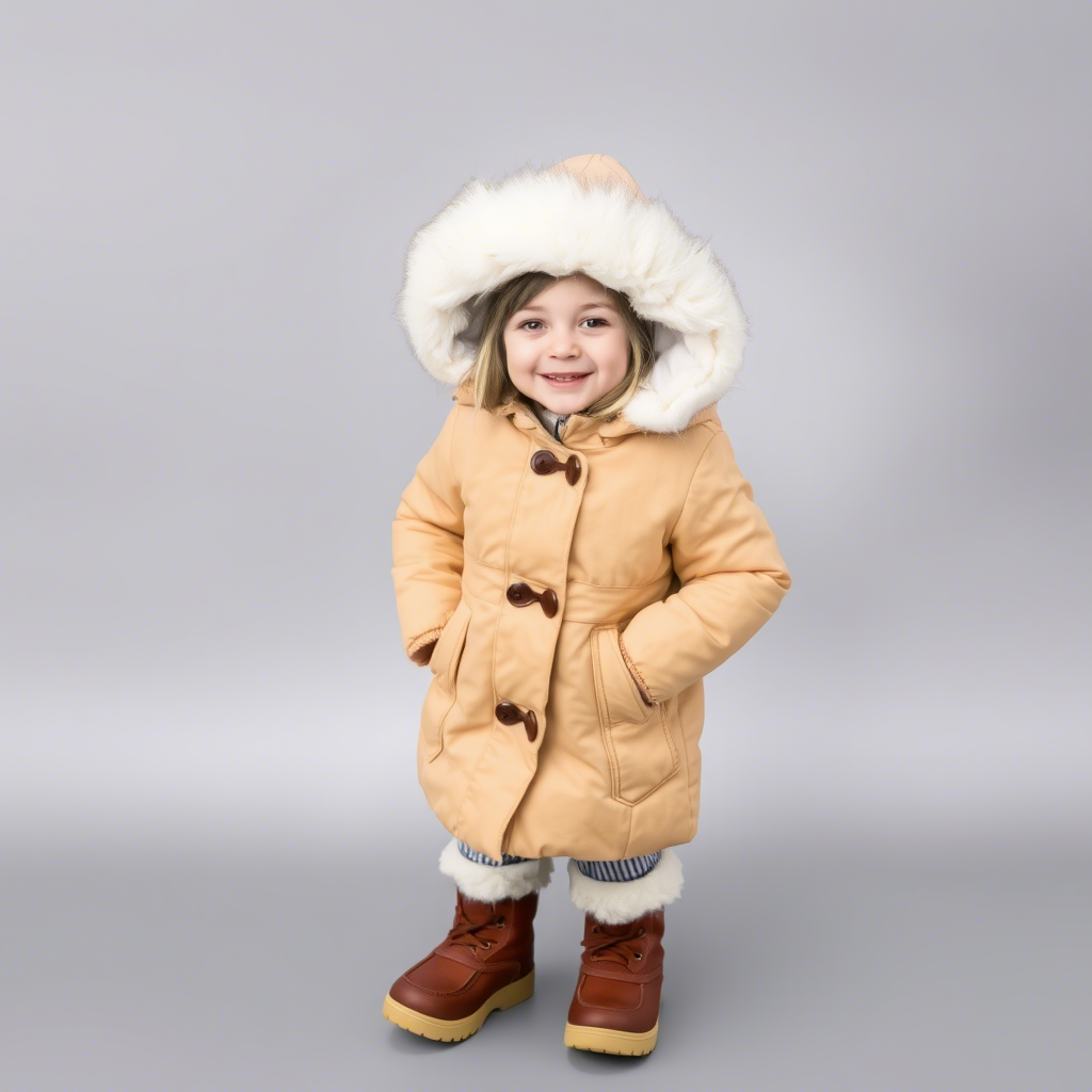 Little girl wearing warm winter coat and snow boots