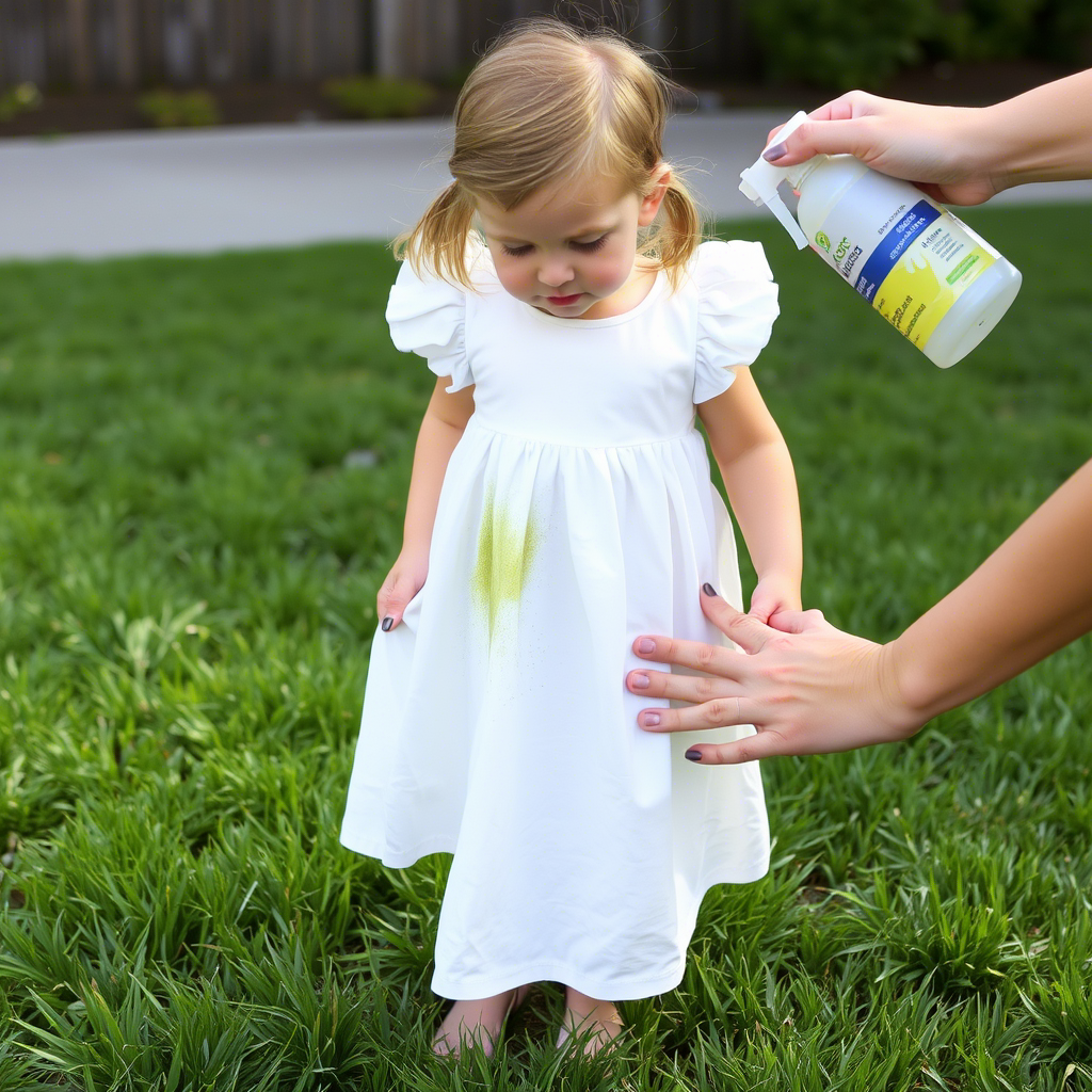 Little girl’s dress with tough grass stain being cleaned