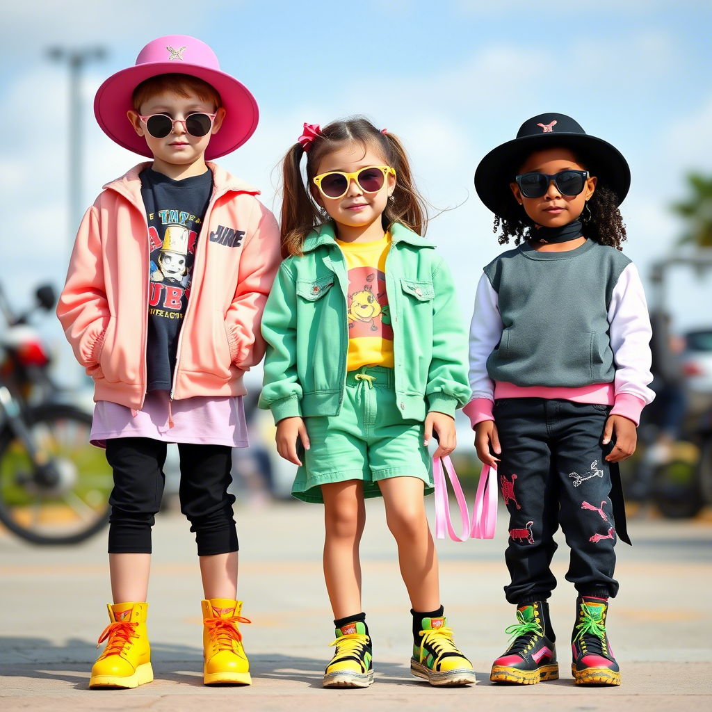 Little girls dressed in fashionable streetwear outfits with bright colors