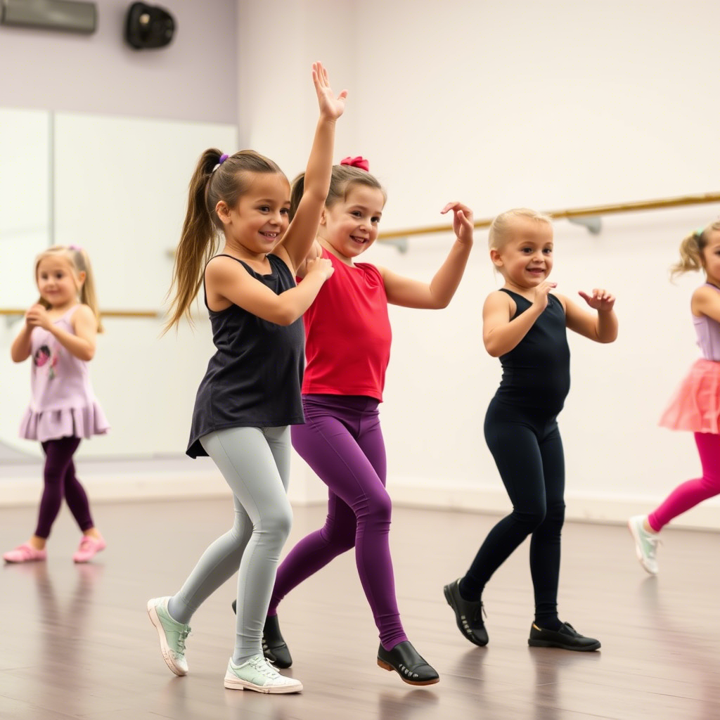 Little girls dressed in various leggings and tights, enjoying a dance class together