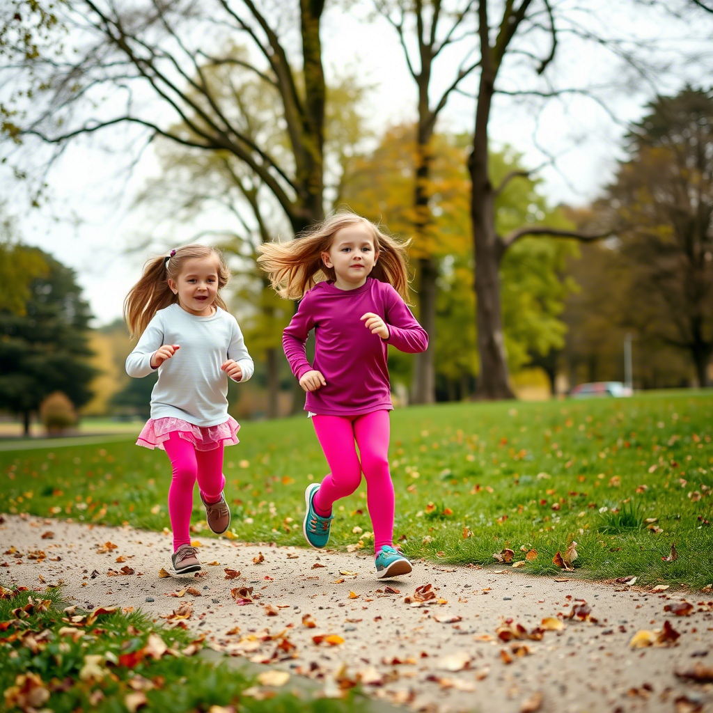 Little girls dressed in vibrant leggings, running in a park