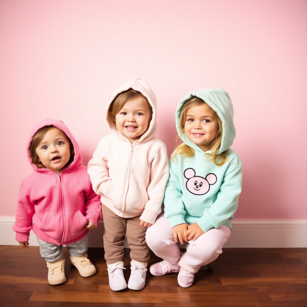 Little girls in cozy hoodies with pastel colors and fun designs