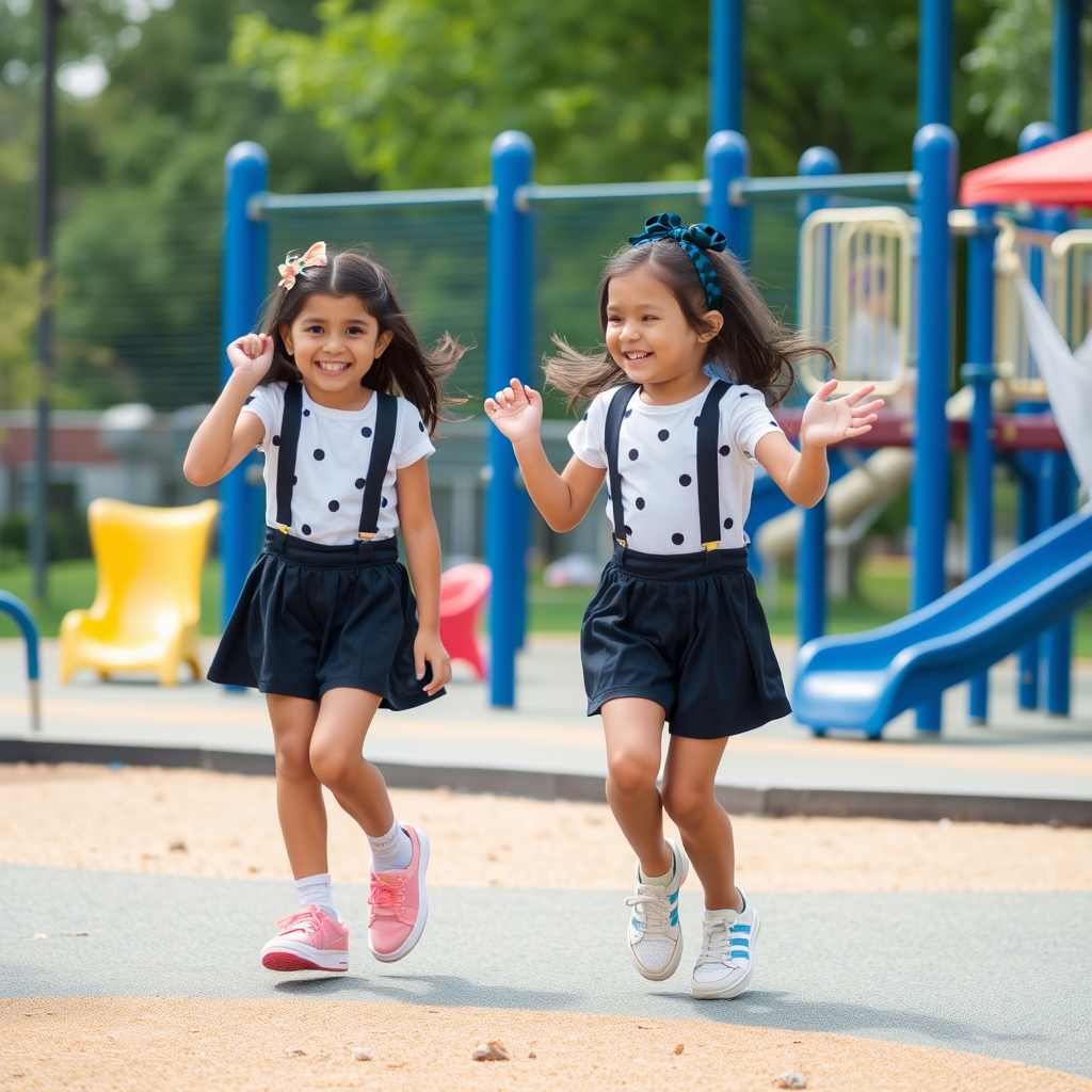 Little girls in matching outfits having fun in a playground