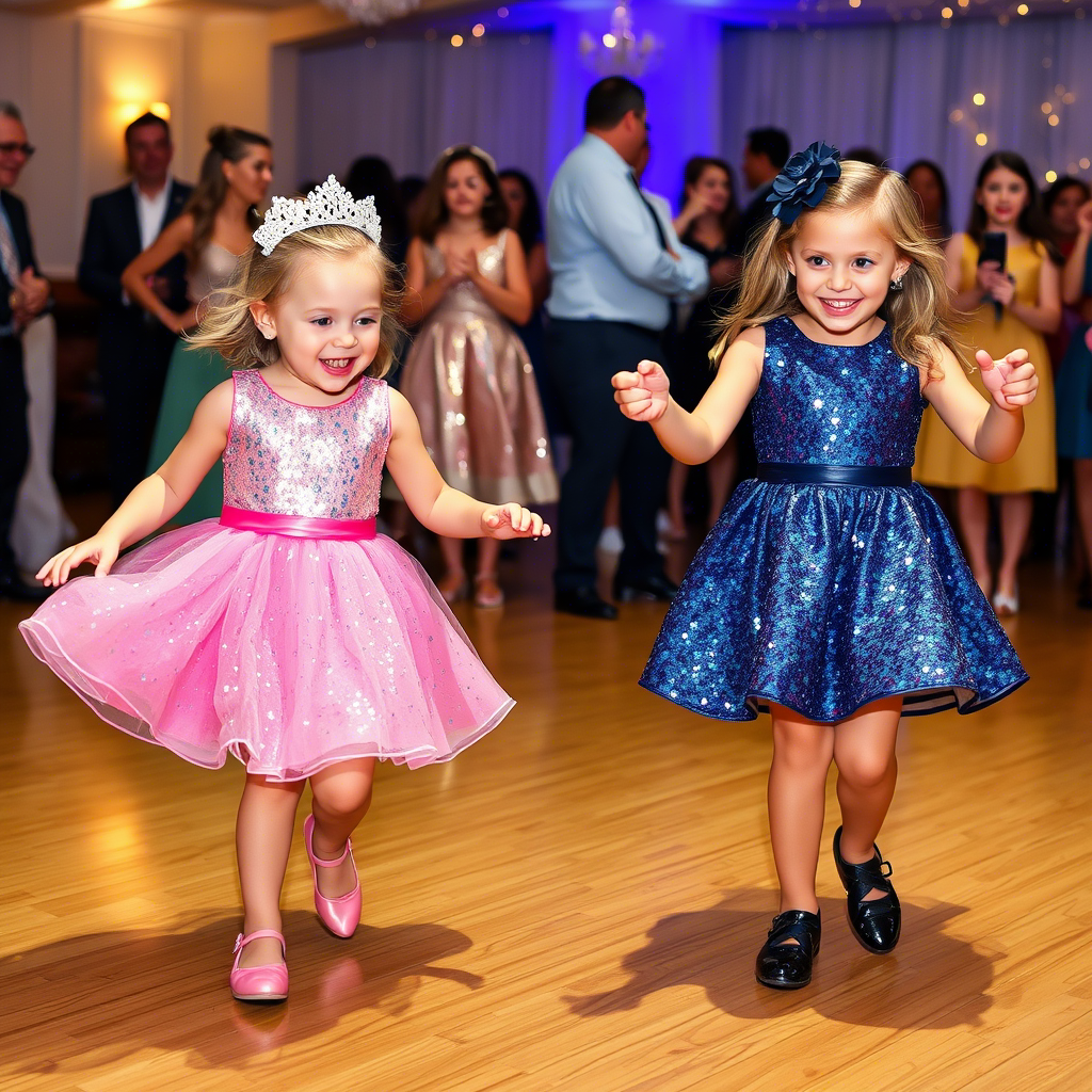 Little girls in sequined outfits twirling at a joyful celebration