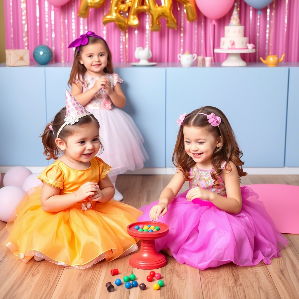 Little girls in various themed party dresses, playing games at a birthday party