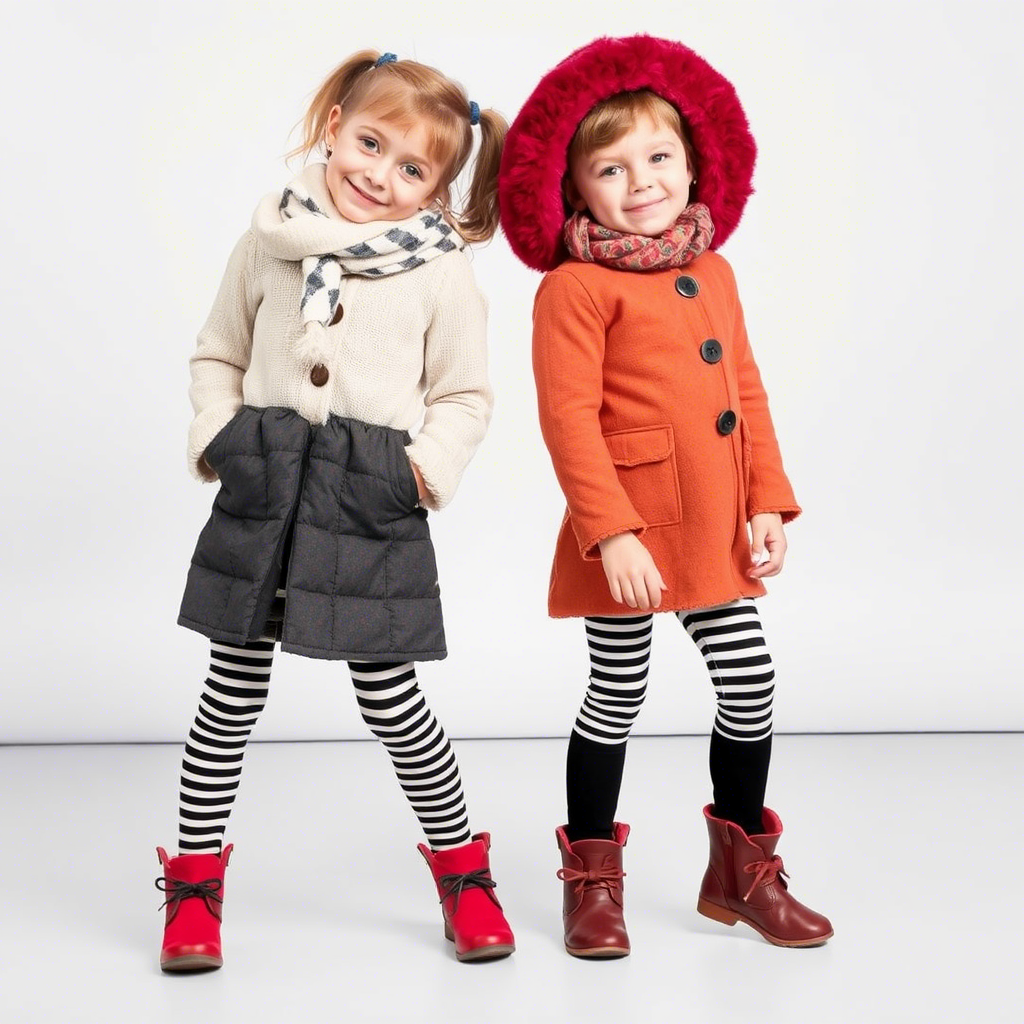 Little girls modeling striped tights and leggings with fun winter outfits