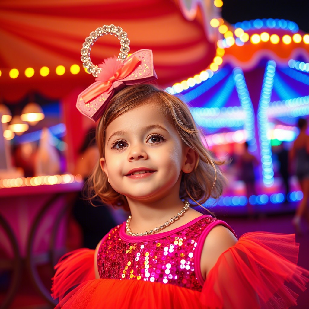 Little girl’s sequined outfit shining in a colorful carnival atmosphere