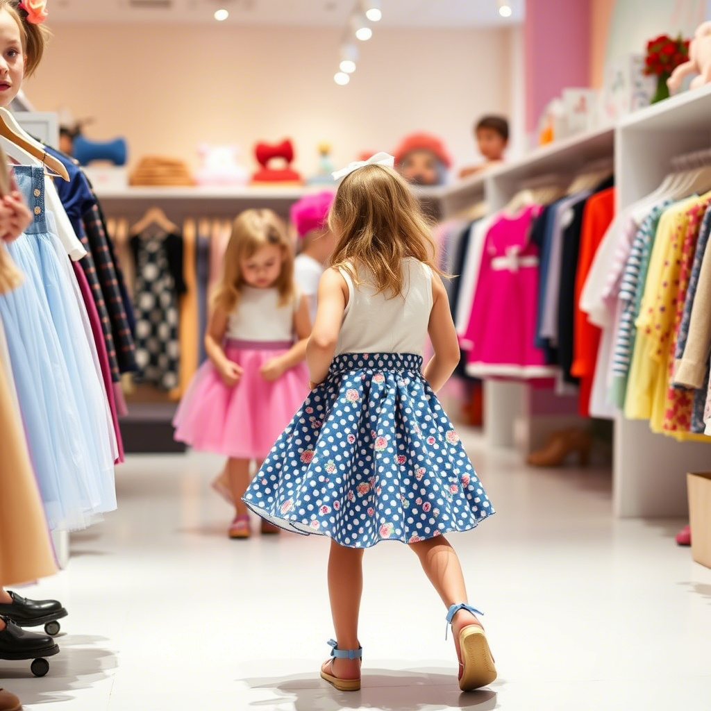 Little girls trying on skirts in a vibrant children’s boutique