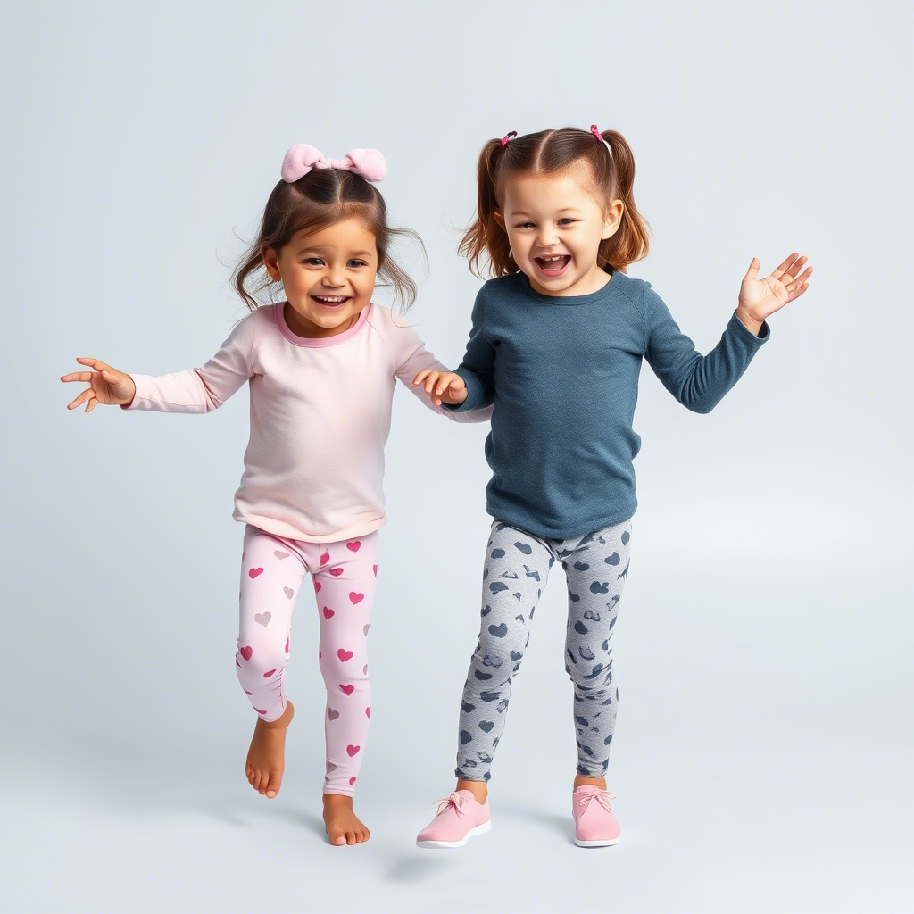 Little girls wearing matching leggings and playing together happily