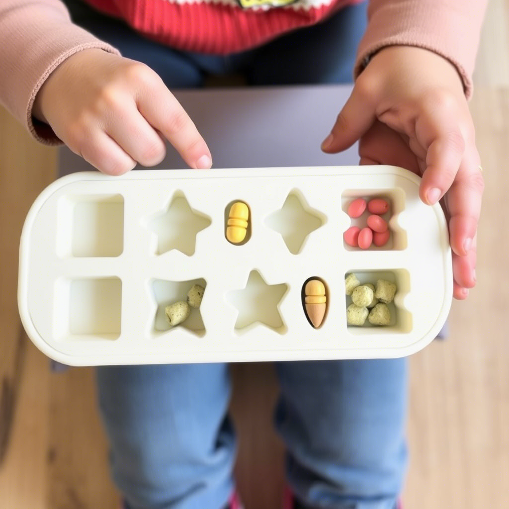 Little hands holding a shape sorter with various objects inside