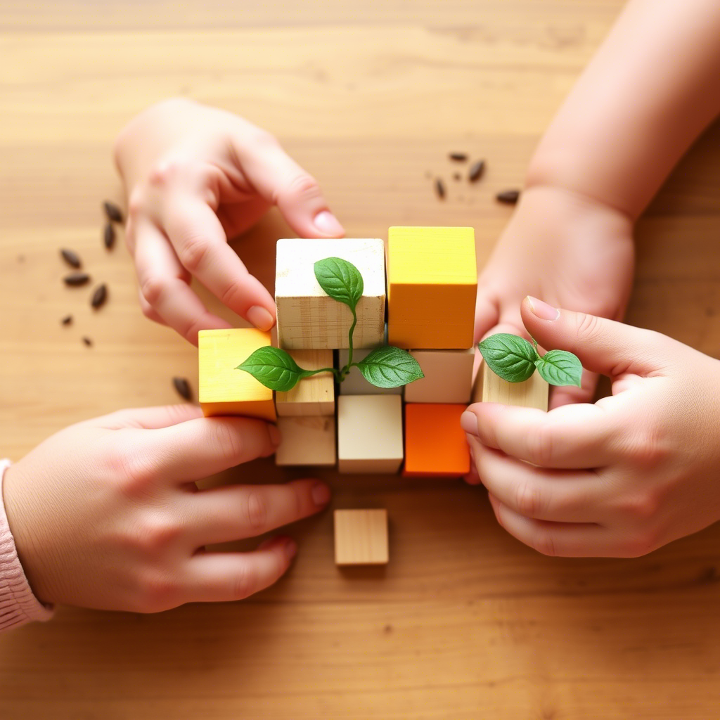 Little hands holding blocks, learning and growing together