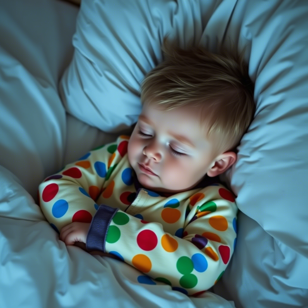 Little kid snuggled up in colorful pajamas, sleeping peacefully in bed