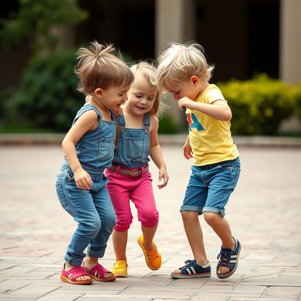 Little kids in colorful jeans shorts playing outside together