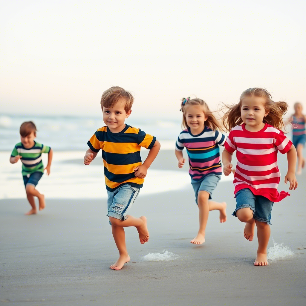 Little kids in colorful striped T-shirts and denim shorts, running on the beach
