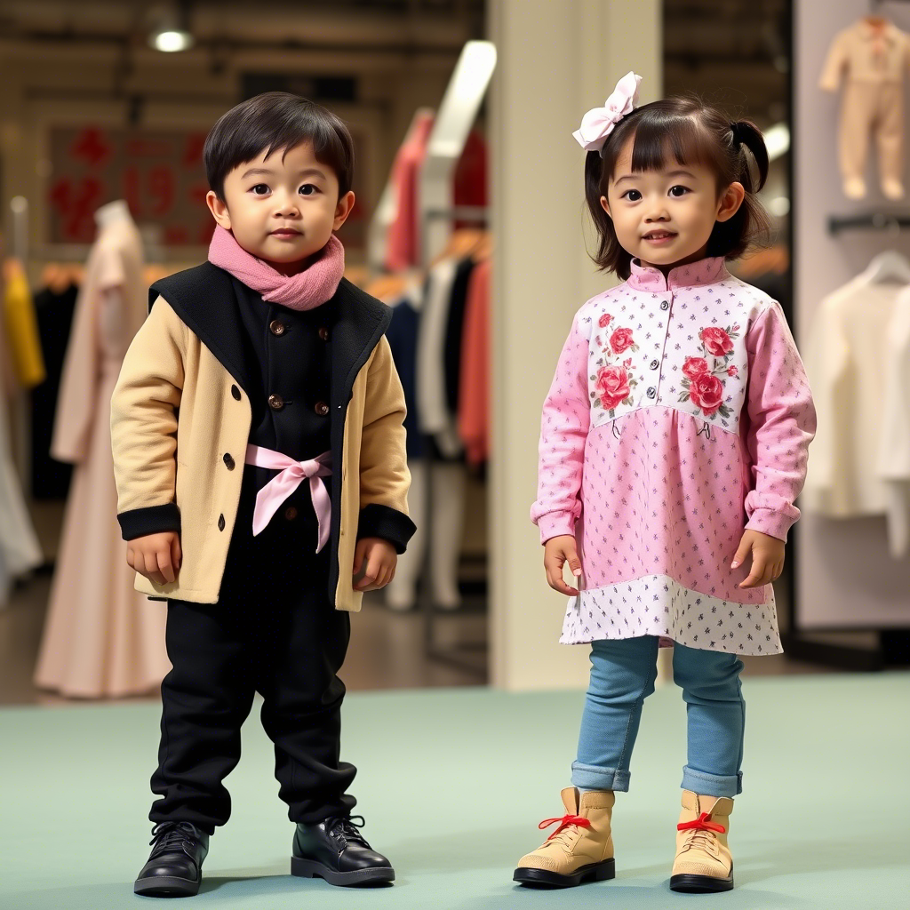 Little kids modeling adorable outfits in a Chinese clothing factory display