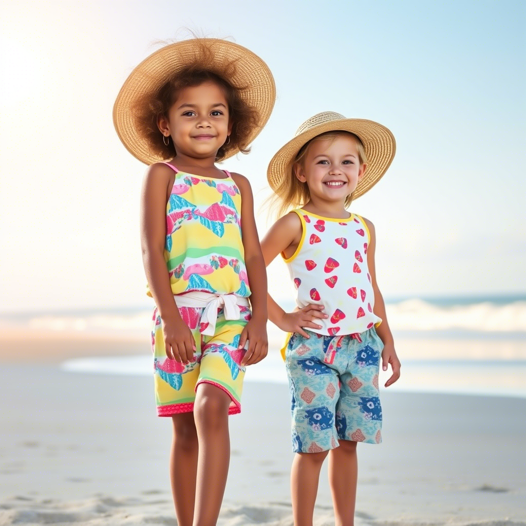 Little kids modeling colorful summer clothes on a sunny beach background