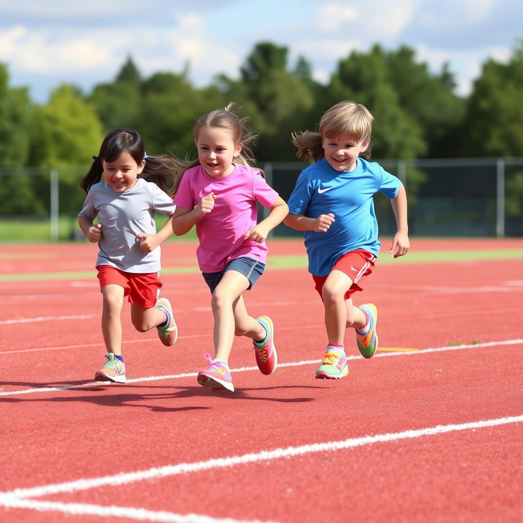 Little kids running in colorful sneakers on a sports field