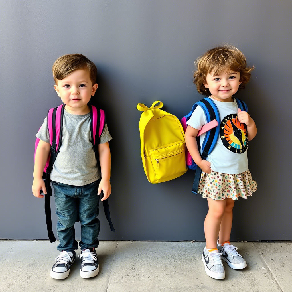 Little kids wearing Lezonkids back to school outfits and holding backpacks