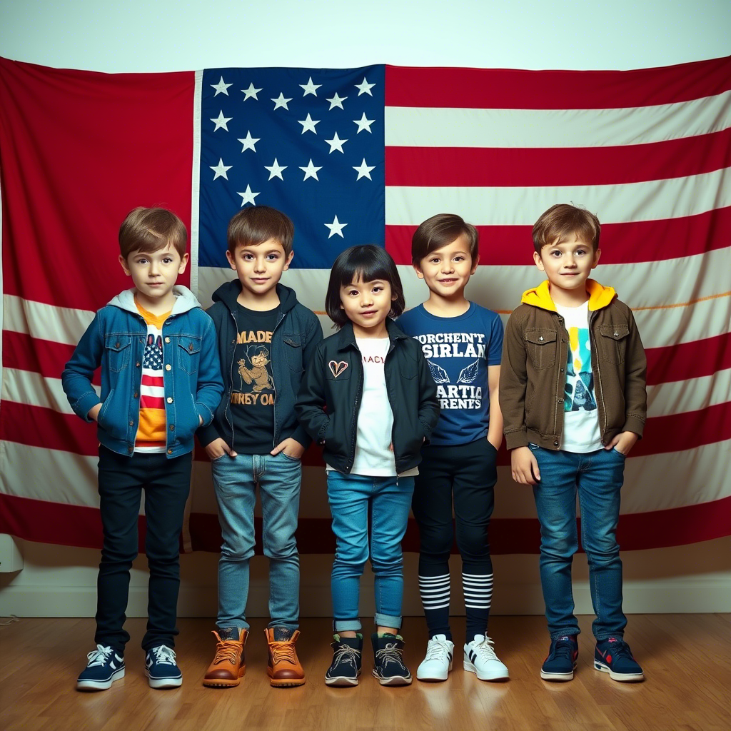 Little kids wearing trendy clothes standing in front of American flag