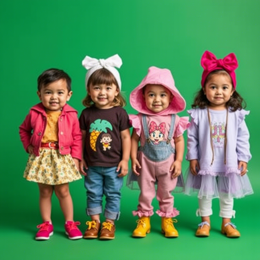Little kids wearing various outfits from different wholesale vendors