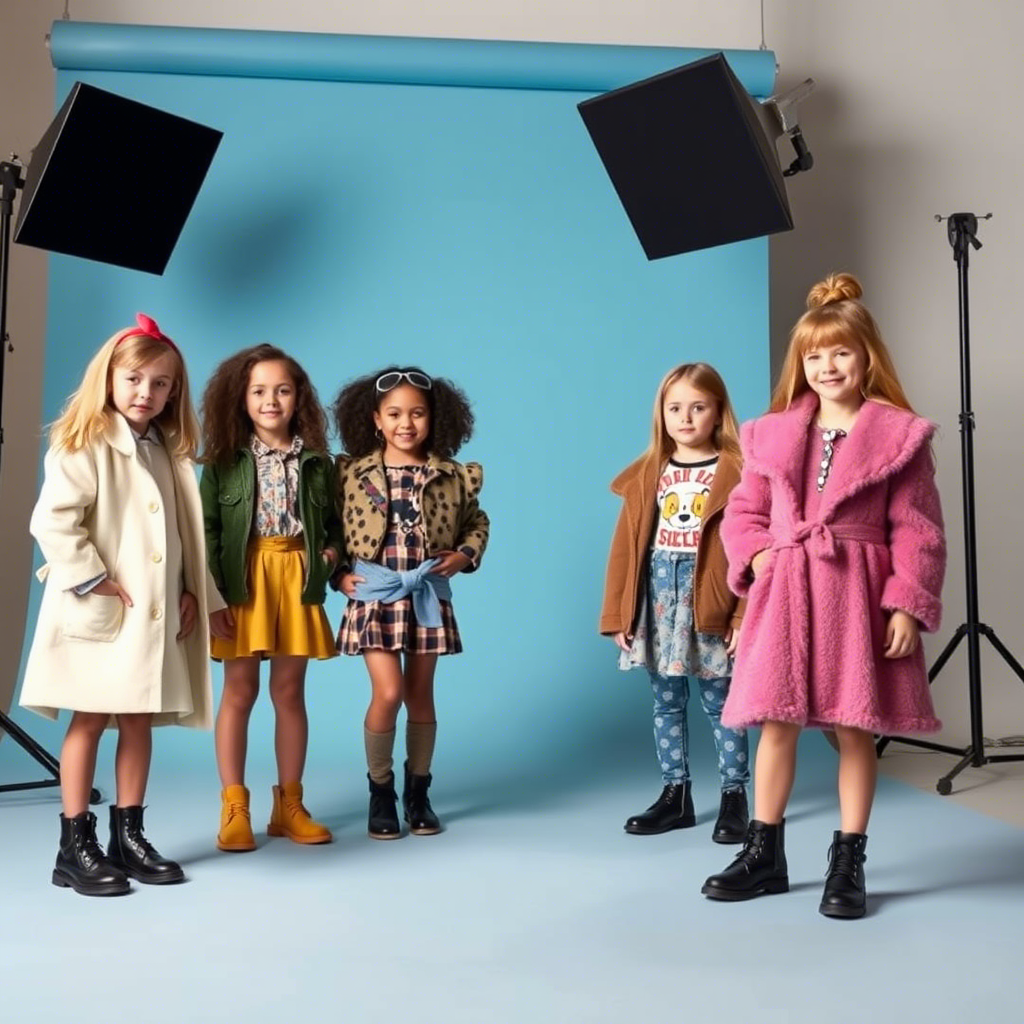 Little models showcasing latest kids’ fashion trends in a studio